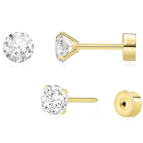 Threadless Flat Back Earrings, Hypoallergenic 14K Real Gold Plated CZ Stud Earrings | Cartilage Earring | Tragus Helix Piercing Jewelry | Push in Flatback Earrings for Women Men - color: 14K Gold, size: 5 Millimeters