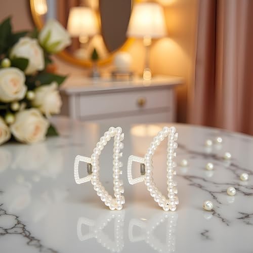 2Pcs White Large Pearl Hair Clip for Thick Hair,Girls Big Hair Claw Clips For Hair,Faux Pearl Claw Clips,Neutral Hair Clips Fashion Hair Accessories Headwear Styling Tools for Party Wedding