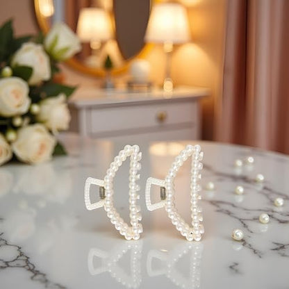 2Pcs White Large Pearl Hair Clip for Thick Hair,Girls Big Hair Claw Clips For Hair,Faux Pearl Claw Clips,Neutral Hair Clips Fashion Hair Accessories Headwear Styling Tools for Party Wedding