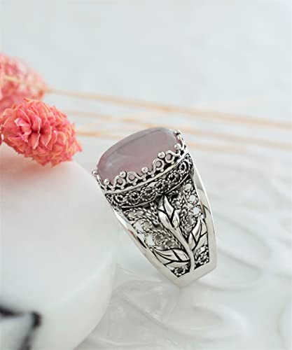 Filigranist 925 Sterling Silver Filigree Art Lace Embroidery Tulip Detailed Gemstone Women Cocktail Ring, Luxurious Gift Boxed - color: Rose Quartz