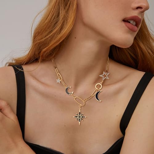 Charm Necklace for Women Gold Evil Eye Sun Moon Flower Coin Pendant Necklace Dainty Paperclip Chain Vintage Luck Amulet Choker Necklaces Celestial Jewelry Gift - style: Black Celestial Charms