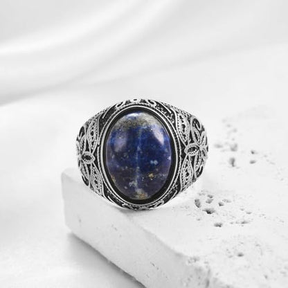 Retro Large Tiger Eye Stone Turquoise Wedding Ring For Men Classical Gothic Stainless Steel Rings - color: Silver-Blue