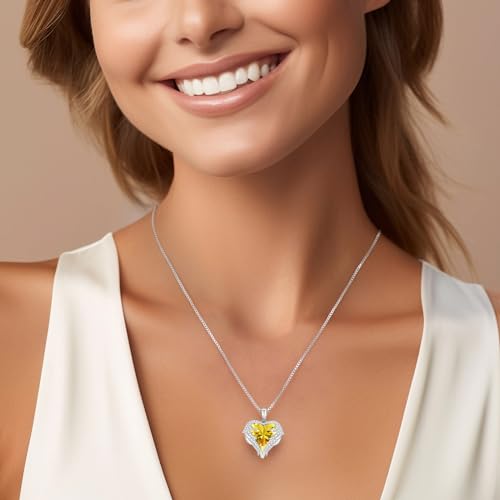 CDE Angel Wings Heart Birthstone Pendant Necklace Gift for Women | Silver/Gold Tone,Ideal Birthday & Anniversary Jewelry Gift for Wife,Girlfriend,Her - color: White-11-Yellow Birthstone