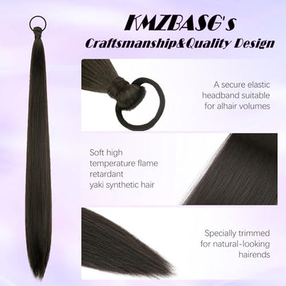 2 PCS Black Brown Ponytail Extension with Hair Tie DIY Braided Ponytail Extension Warp Around Yaki Straight Sleek Hairpieces Light and Soft Fluffy Stayle Ponytail for Women Daily Party Use - color: Brown Black