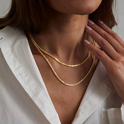 Herringbone Choker Necklace Set Double Layer Snake Chain Herringbone Chain Necklace Layering Necklace Set Cuban Chain Necklace for Women - style: 2Layered Shiny Rope Chain-GD