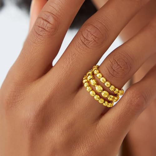 3PCS 14K Gold Plated Stretch Rings for Women Dainty Ball Beaded Elastic Layered Stack Knuckle Ring Set Non Tarnish Waterproof Trendy Statement Jewelry Gifts for Daily Outfits Fashion Accessories - color: Gold-3Pcs