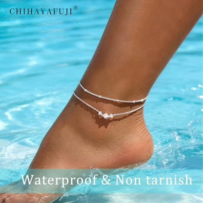 Sterling Silver Ankle for Bracelets Women 14K Gold Waterproof Layered Stackable Chain Sparkling Zircon Adjustable Non Tarnish Anklet Bracelet for Summer Beach Jewelry Gift - color: SilverA