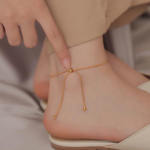 Gold Anklet for Women Adjustable Slider Ankle Bracelet Dainty Snake Chain Foot Jewelry Waterproof Summer Beach Anklets Gifts - color: Gold
