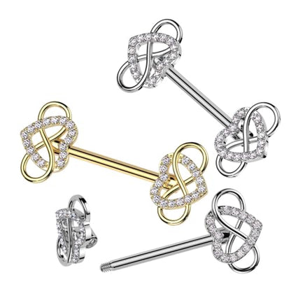 Pierced Owl 14GA 316L Stainless Steel CZ Crystal Infinity Heart Nipple Barbells, Sold as a Pair - style: Gold Tone