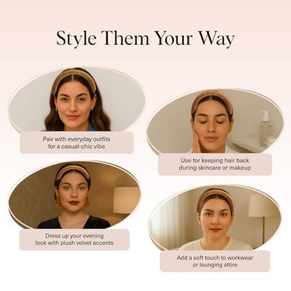 Kitsch Velvet & Satin Headbands for Women - Non Slip, Soft and Lightweight - Stylish Headbands for Girls with Chic Neutral Shades - Cream & Camel, 2pc Set - color: Cream & Camel