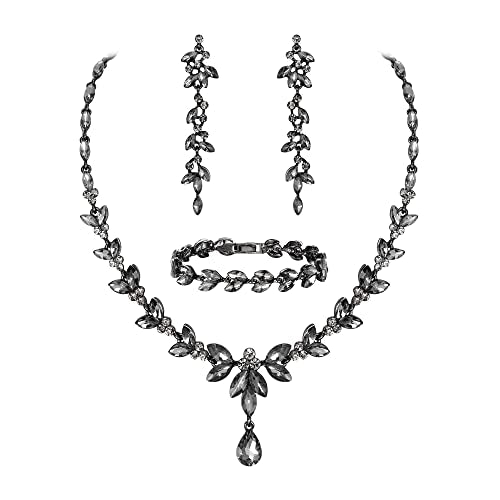 EVER FAITH Marquise Crystal Leaf Bridal Prom Jewelry Set for Women Bride | Rhinestone Wedding Party Necklace Dangle Earrings Tennis Bracelet, for Bridesmaid - color: Grey Black-Tone