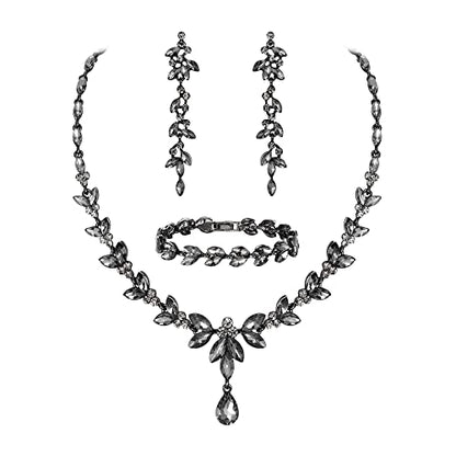 EVER FAITH Marquise Crystal Leaf Bridal Prom Jewelry Set for Women Bride | Rhinestone Wedding Party Necklace Dangle Earrings Tennis Bracelet, for Bridesmaid - color: Grey Black-Tone