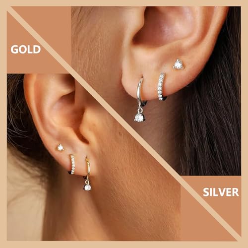 2 Pairs Gold/Silver Hoop Earrings For Women Set Trendy,14K Plated Gold Chunky Huggie Hoop Earings Pack,Oval Twisted Statement Silver Hoops,Fashion Jewelry Gift - color: B12 Stackable style 6 pair CZ set