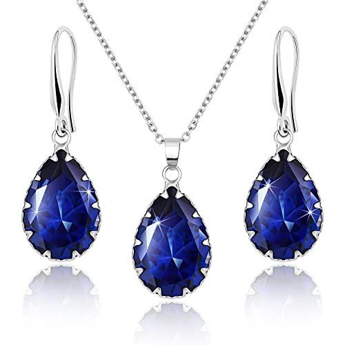 Linawe Crystal Jewelry Sets for Women, Imitation Diamond Pendant Necklace, Rhinestone Drop Dangle Earrings, Birthstone Cubic Zirconia Matching Wedding Jewelry, 14K Gold/Rose Gold/Silver Tones - color: Silver,Sapphire,Sep,Dec