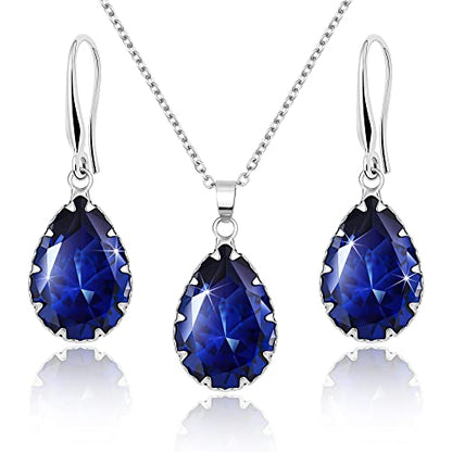 Linawe Crystal Jewelry Sets for Women, Imitation Diamond Pendant Necklace, Rhinestone Drop Dangle Earrings, Birthstone Cubic Zirconia Matching Wedding Jewelry, 14K Gold/Rose Gold/Silver Tones - color: Silver,Sapphire,Sep,Dec