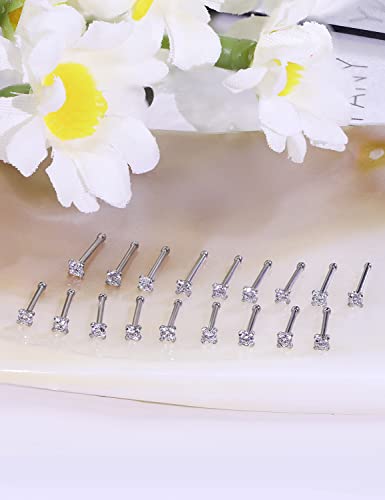 18G 20G 22G Nose Rings Studs with Cubic Zirconia 316L Surgical Steel Straight Screw L Shaped Nose Studs Piercing Jewelry for Women Men Girl CZ 1.5mm 2mm 2.5mm 3mm 20Pcs - color: A:22G Straight- Silver 1.5mm