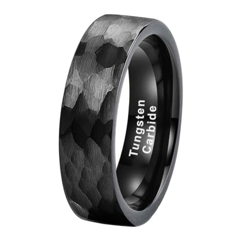 TUTISS 6mm 8mm Silver/Black/Gunmetal/Gold/Rose Gold Hammered Tungsten Rings for Men Women Couple Fashion Jewelry Engagement Wedding Bands Matte Finish Comfort Fit - color: 6mm Black Tungsten