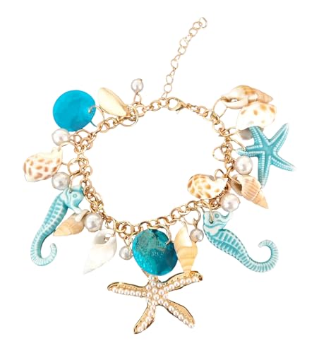 Shell Starfish Bracelet Seahorse Conch Starfish Sea Shell Pearls Charm Stone Bracelet Statement Bohemian Sea Themed Beach Jewelry for Women - color: Blue