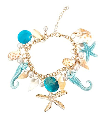 Shell Starfish Bracelet Seahorse Conch Starfish Sea Shell Pearls Charm Stone Bracelet Statement Bohemian Sea Themed Beach Jewelry for Women - color: Blue