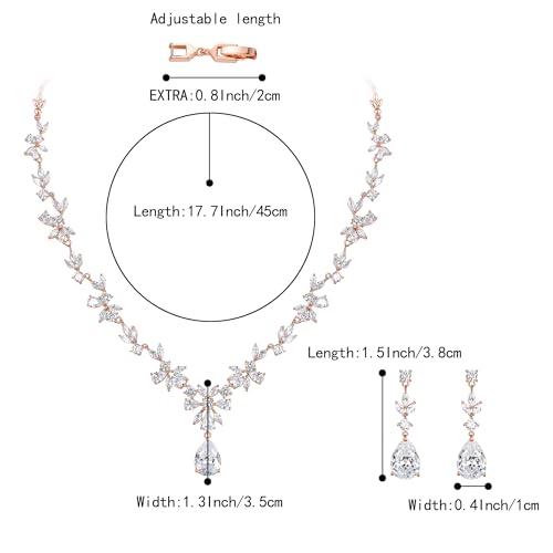Gorgeous Wedding Jewelry Set for Women Bridal Cubic Zirconia Marquise Teardrop Leaf Cluster Y-Necklace Dangle Earrings Link Bracelet - color: 2PCS-Clear Rose-Gold-Plated-Brass
