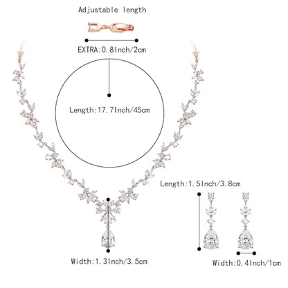 Gorgeous Wedding Jewelry Set for Women Bridal Cubic Zirconia Marquise Teardrop Leaf Cluster Y-Necklace Dangle Earrings Link Bracelet - color: 2PCS-Clear Rose-Gold-Plated-Brass