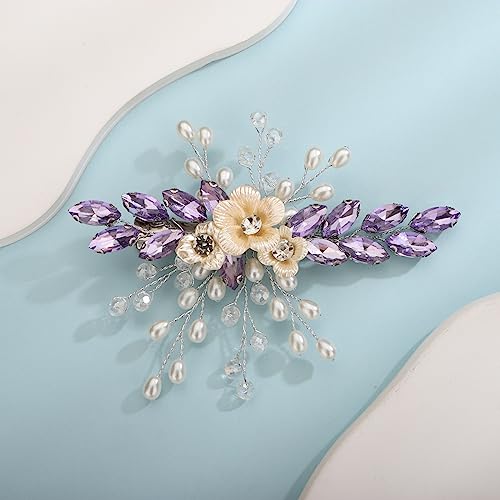 Xerling Light Purple Rhinestones Crystal Flower Hair Barrettes Clip Boho Bridal Pearl Hair Jewelry Accessories for Women Wedding Floral Headpieces (Purple A) - color: Purple A
