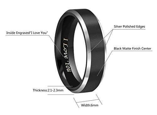 CROWNAL 4mm 6mm 8mm Black Tungsten Couple Wedding Bands Rings Men Women Polished Beveled Edges Matte Brushed Finish Engraved I Love You Size 3.5 To 17 - color: 6mm Black Polished Edge