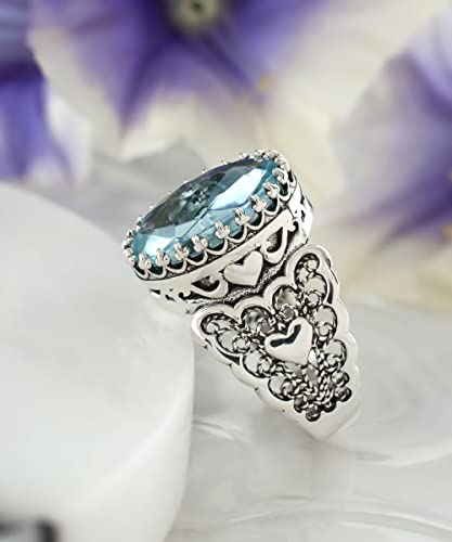Filigranist 925 Sterling Silver Handcrafted Filigre Art Double Heart Detailed Women Cocktail Ring with Gemstones - color: Sky Blue Topaz