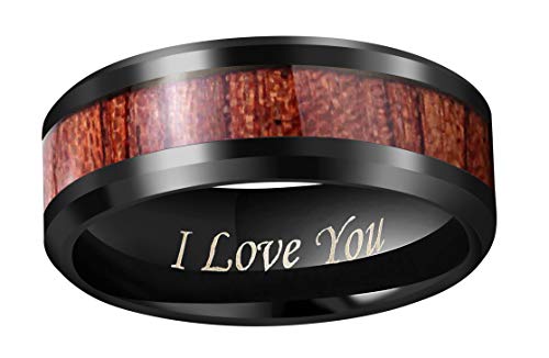 CROWNAL 4mm 8mm Rare Koa Wood/Abalone Shell/Genuine Crushed Fire Opal Inlay Tungsten Carbide Ring Men Women Wedding Band High Polished Engraved I Love You Size 7 To 17 - color: Koa Wood Black 8mm