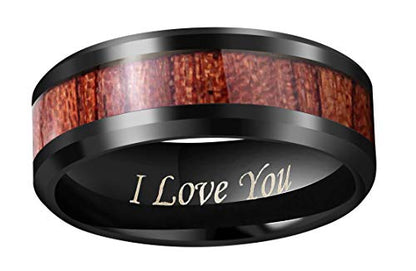 CROWNAL 4mm 8mm Rare Koa Wood/Abalone Shell/Genuine Crushed Fire Opal Inlay Tungsten Carbide Ring Men Women Wedding Band High Polished Engraved I Love You Size 7 To 17 - color: Koa Wood Black 8mm