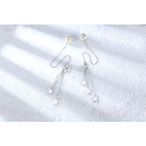 925 Sterling Silver Dangle Earrings with Charms Heart, Water drop, Moon, Star Long Drop Earring for Women Jewelry Gifts Hypoallergenic - color: star pearl-white