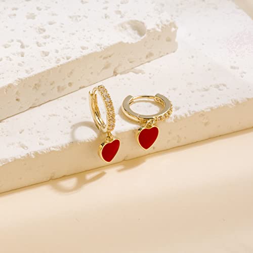 DAILY VIBES Cute Gold Mini Dangle Huggie Hoop Earrings for Women Trendy | 14K Gold Plated, Dainty Cubic Zirconia, Small Hoop Earrings with Charm Drop, Jewelry Gift for Women Ladies - color: Red Heart CZ