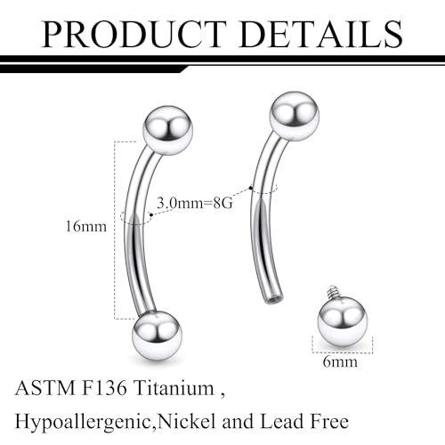 Ruifan 20g 18g 16g 14g 12g 8g 6g 4g 2g Rook Piercing Jewelry Titanium Internally Threaded Curved Barbell Eyebrow PA Tragus Helix Conch Lobe Earrings Lip Rings Body Piercing Jewelry For Women Men - size: 8G - 16mm Ball