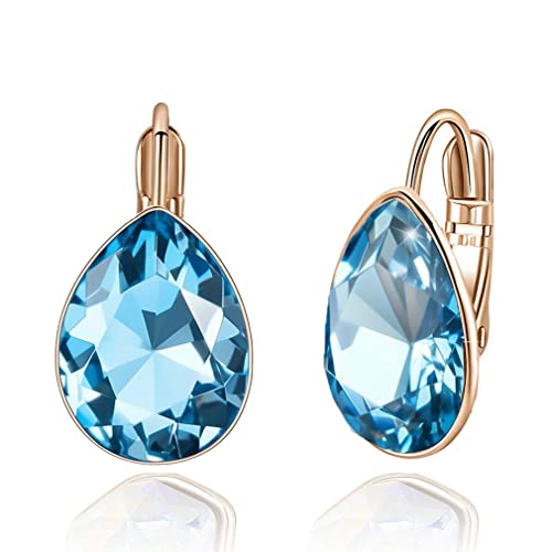 Austrian Crystal Teardrop Leverback Drop Earrings for Women | 14K Gold-Plated Finish, Sparkling Pear Stone, Smooth Bezel Frame, Secure Leverback Closure, Dainty Day-To-Evening Style - color: Aquamarine