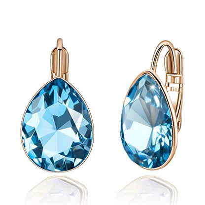 Austrian Crystal Teardrop Leverback Drop Earrings for Women | 14K Gold-Plated Finish, Sparkling Pear Stone, Smooth Bezel Frame, Secure Leverback Closure, Dainty Day-To-Evening Style - color: Aquamarine