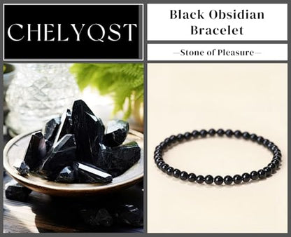 Carnelian Bracelet - Stone of Luck,Stretch Natural Stone Crystal Beads Jewelry Gifts for Women Men Unisex - color: Black Obsidian-Pleasure, size: 4mm