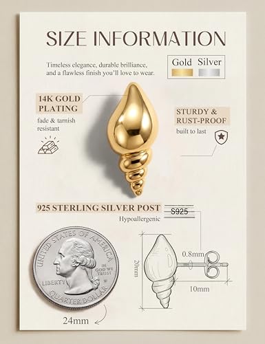 Chunky Gold Stud Earrings for Women Sterling Silver Earring Hypoallergenic | Non Tarnish 14K Gold Plated 925 Silver Posts for Sensitive Ears,Knot Statement Dangle Earrings Gold Jewelry Gifts Lightweight - color: gold plated-little conch