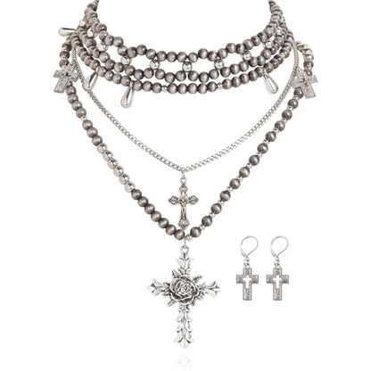 Bocar Gothic Cross Layered Pearl Necklace Chunky Statement Stacked Necklace Y2K Silver Layered Necklace for Women (NK-10769) - color: Navajo