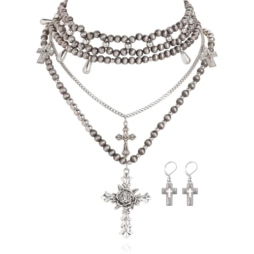 Bocar Gothic Cross Layered Pearl Necklace Chunky Statement Stacked Necklace Y2K Silver Layered Necklace for Women (NK-10769) - color: Navajo