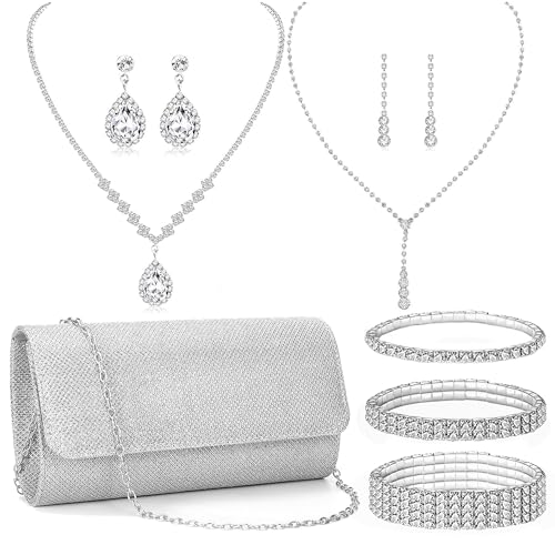 FEYIR Clutch Purse Jewelry Set for Women Evening Bags Rhinestone Crystal Necklace Earrings Bracelet Set Formal Wedding Bridal Accessories Jewelry for Prom - color: 8 Pcs Set