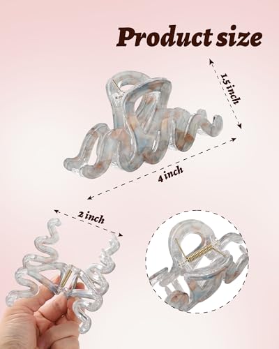 4Pcs Large Hair Claw Clips, Nonslip Cute Jelly Hair Clips for Thick Hair and Long Hair - color: Wave-Pink + Gray + Yellow + Cyan