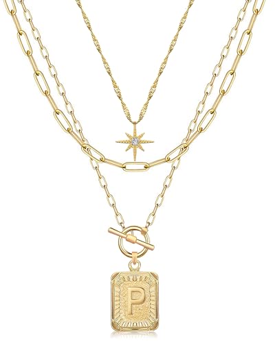 MJartoria Layered Initial Necklaces for Women | 14K Gold Plated Brass, Star Choker, Square Letter Pendant, Paperclip Chain - color: Gold, style: P