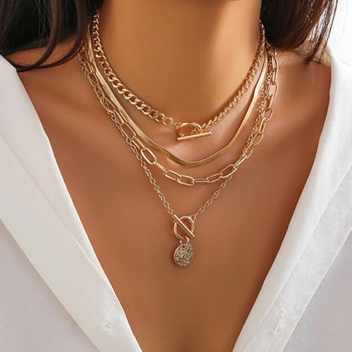Otxas Layered Gold Necklaces for Women Non Tarnish Chunky Necklace | Stacked Necklaces for Women Heart Pendant Toggle Necklace Paperclip Chain Necklaces for Daily Wear, Party, Gift - style: Style 6