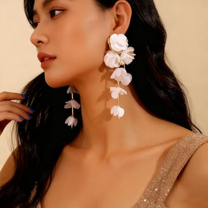 Fabric Flower Earrings for Women Colorful Long Tassel Floral Drop Earrings Fashion Boho Exaggerated Statement Beach Party Jewelry - color: white