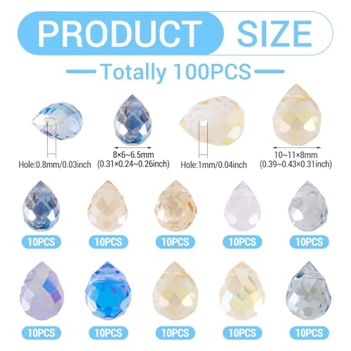 100Pcs Faceted Glass Teardrop Beads Clear Colorful Electroplate Water Drop Crystal Glass Beads Teardrop Chandelier Pendants for DIY Crafts Earring Bracelet Jewelry Making - color: Mixed Color-E