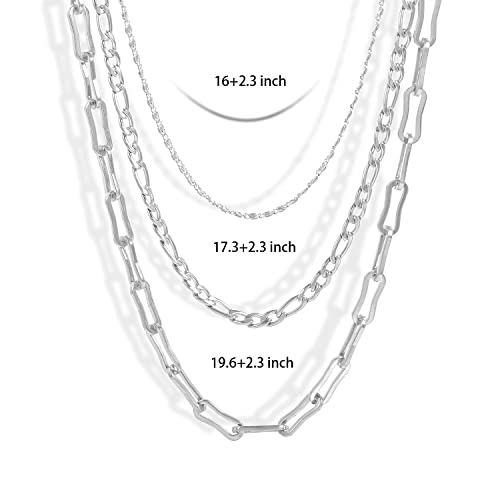 Elegance 11 designs Gold/Silver Stainless Steel Layered Set Necklace Square Linear Paperclip Figaro Chain Flat Chain Thick Short Metal Men's Women's Pop Necklace - color: Silver 3 layers