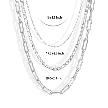 Elegance 11 designs Gold/Silver Stainless Steel Layered Set Necklace Square Linear Paperclip Figaro Chain Flat Chain Thick Short Metal Men's Women's Pop Necklace - color: Silver 3 layers