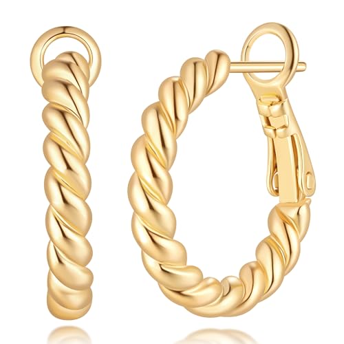NEARLAND Gold Hoop Earrings for Women 14K Gold Earrings for Women | Twisted Small Gold Hoop Earrings Hypoallergenic 14K Gold Hoop Earrings Lightweight Gold Hoop Earrings for Women 15/19/23mm - size: 19mm