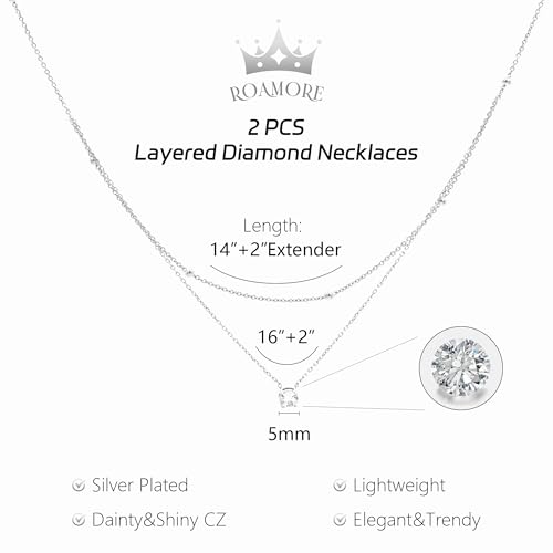 Layered Choker Necklace for Women Stackable Chain Dainty Zircon Pendant Set | 2PCS, Silver/14K Gold Plated, Box/Ball/Rope/Lip chain, Layering Diamond Cut CZ Pendant, Dainty Thin Chain, Trendy Prom Gift - color: Silver, style: Style 01
