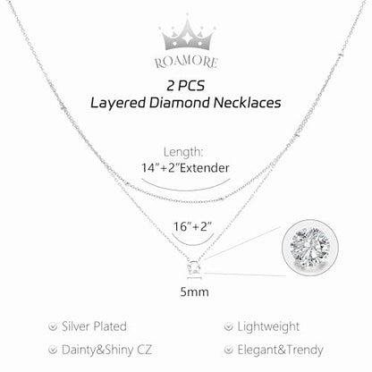 Layered Choker Necklace for Women Stackable Chain Dainty Zircon Pendant Set | 2PCS, Silver/14K Gold Plated, Box/Ball/Rope/Lip chain, Layering Diamond Cut CZ Pendant, Dainty Thin Chain, Trendy Prom Gift - color: Silver, style: Style 01